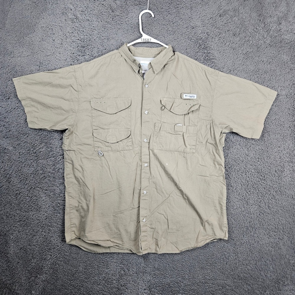 Columbia PFG Men's Short Sleeve Button Up Fishing Shirt Khaki Size Large